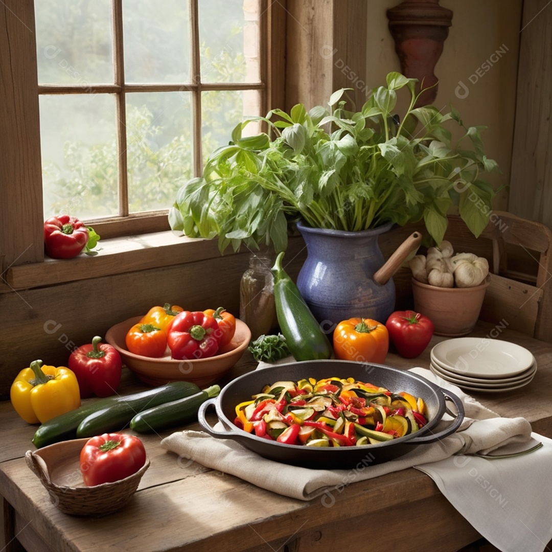 Mesa cheia de vegetais com fartura