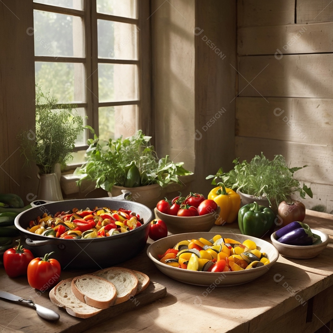 Mesa cheia de vegetais com fartura e pães