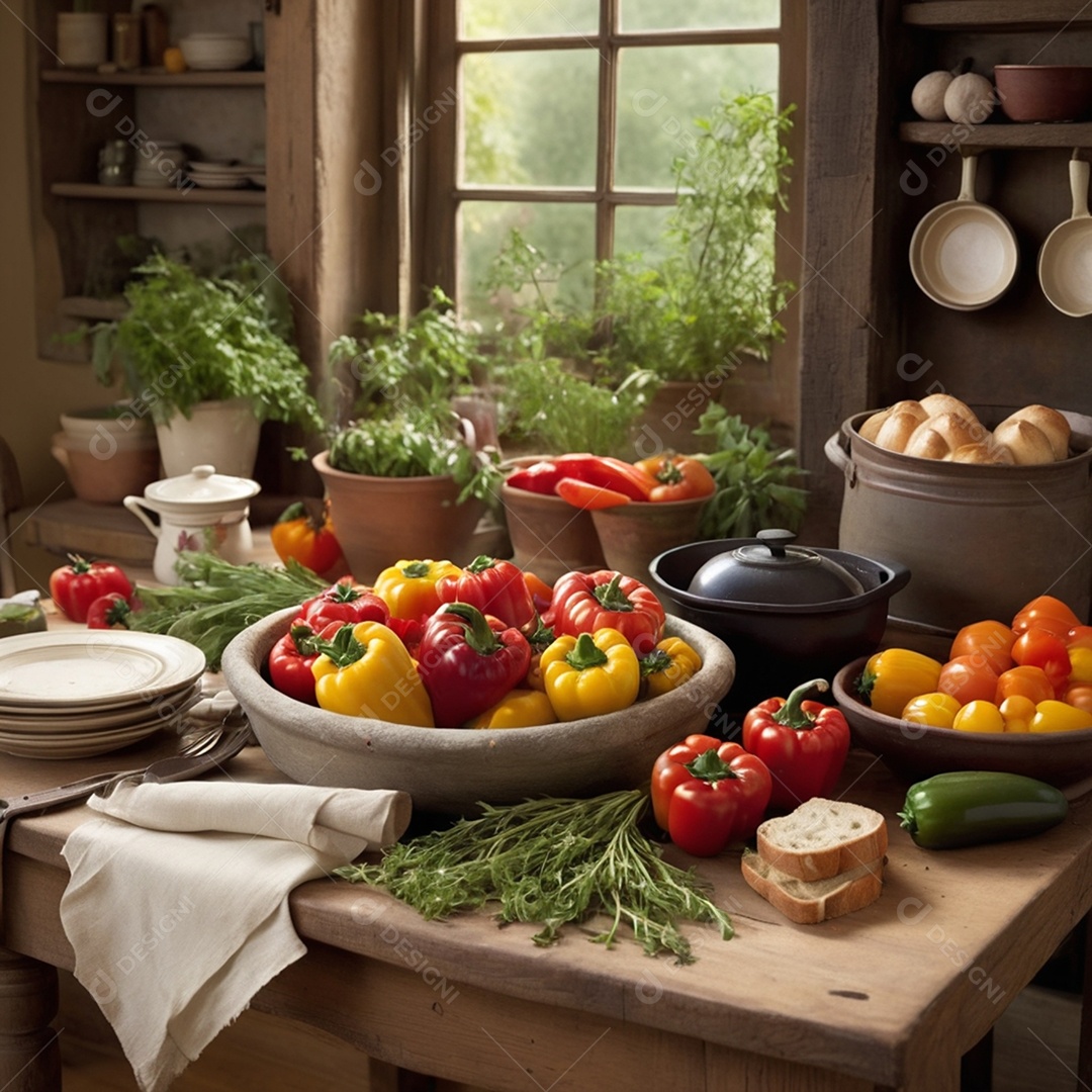 Mesa com fartura de vegetais frutas e pães