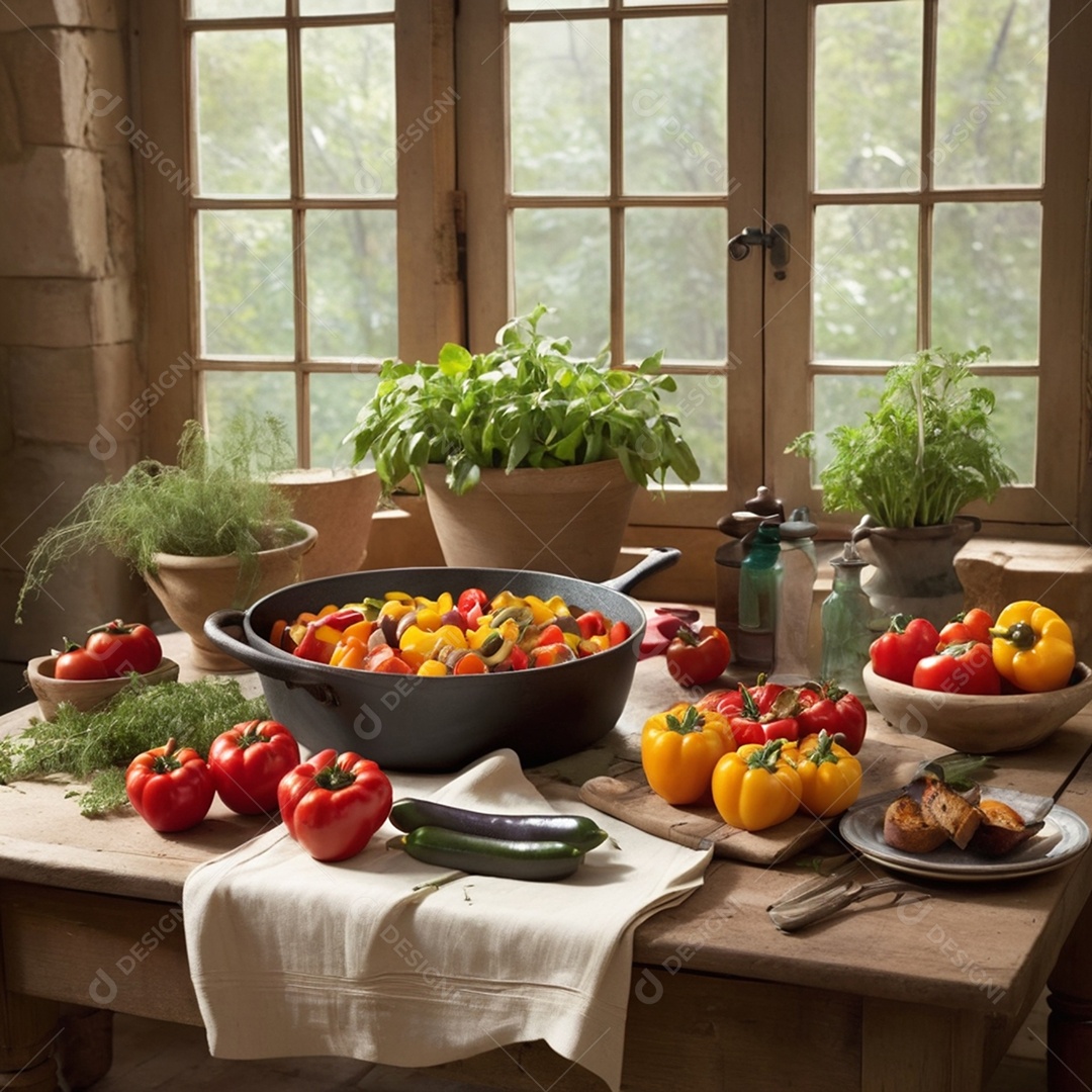 Mesa com fatura de vegetais frutas e pães