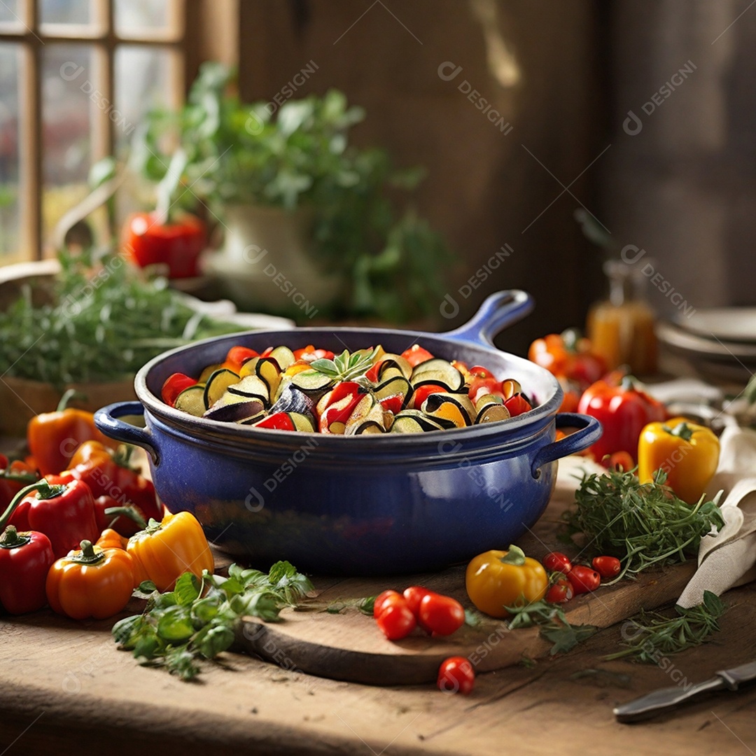 Mesa com vegetais e salada dentro de uma panela