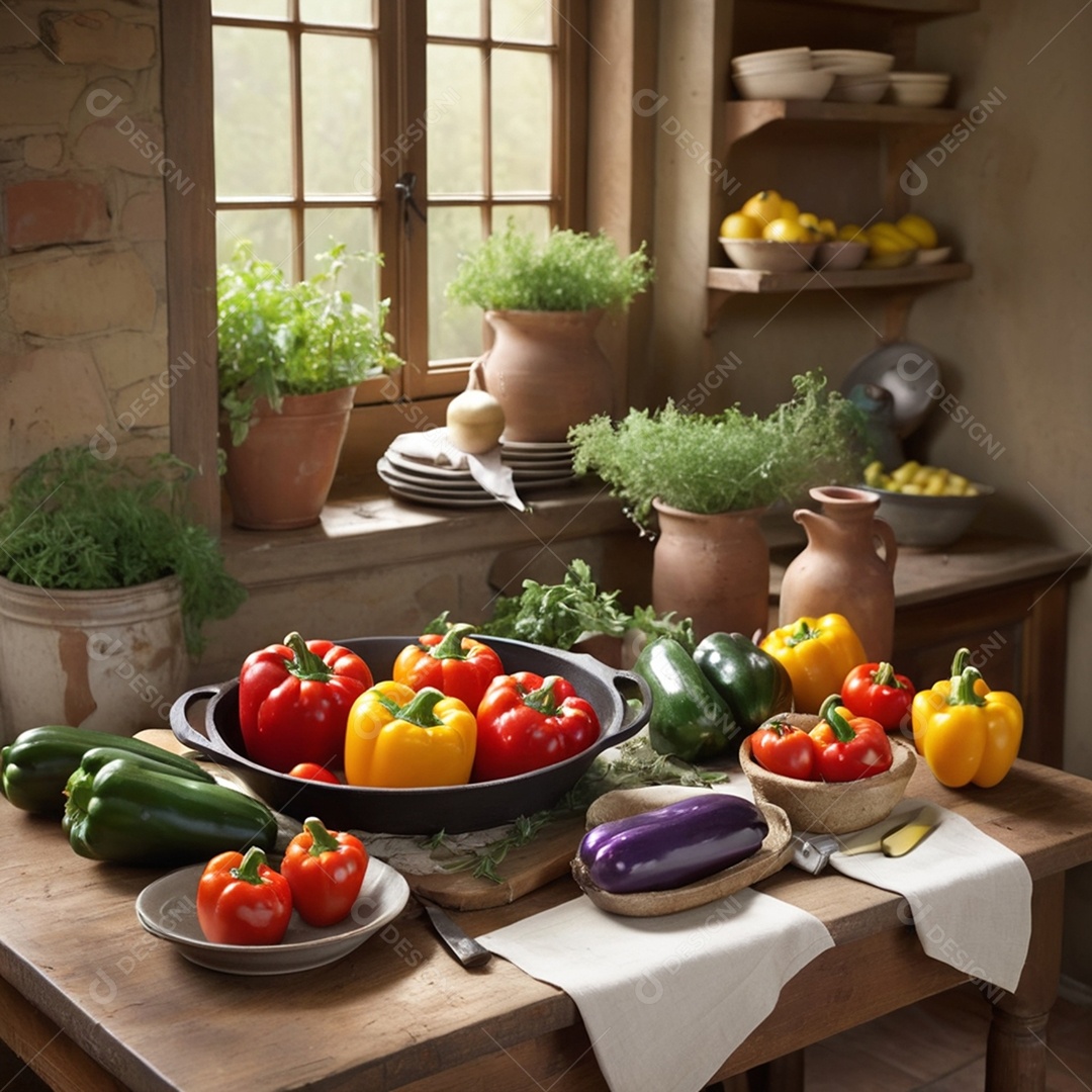 Mesa de madeira cheia de vegetais e hortaliça