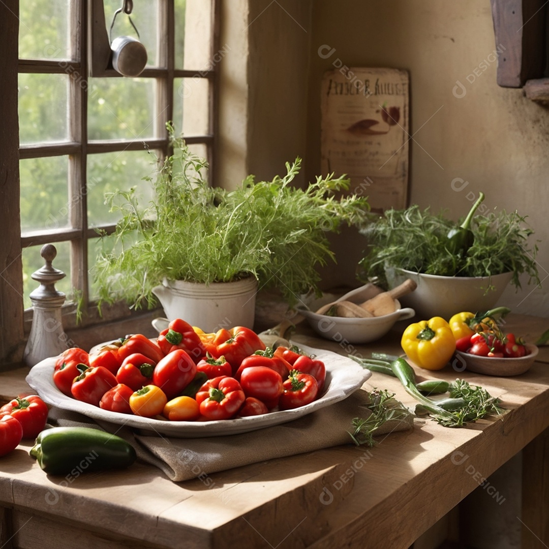 Mesa de madeira com vegetais