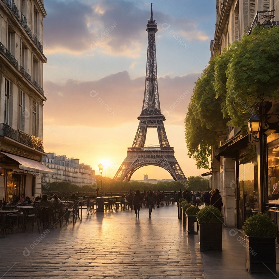 Praça cheia de turista olhando ao entardecer com vista da Torre Eiffel