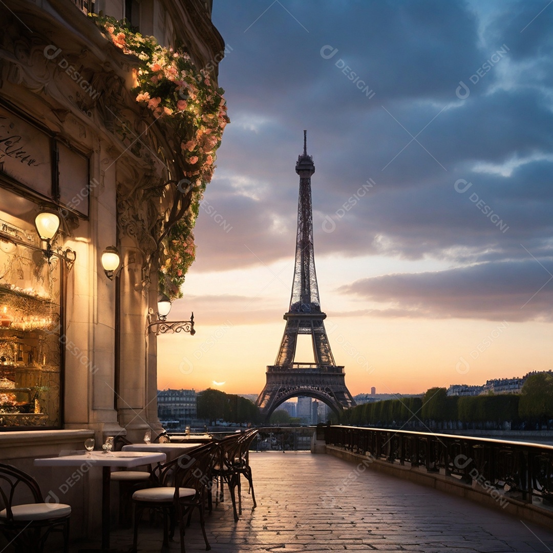 Calçada de um restaurante com vista para Torre Eiffel