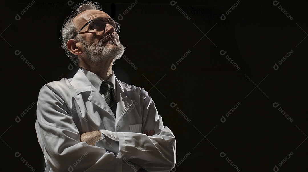 Homem cientista expressando afeto isolado em fundo de cor preta