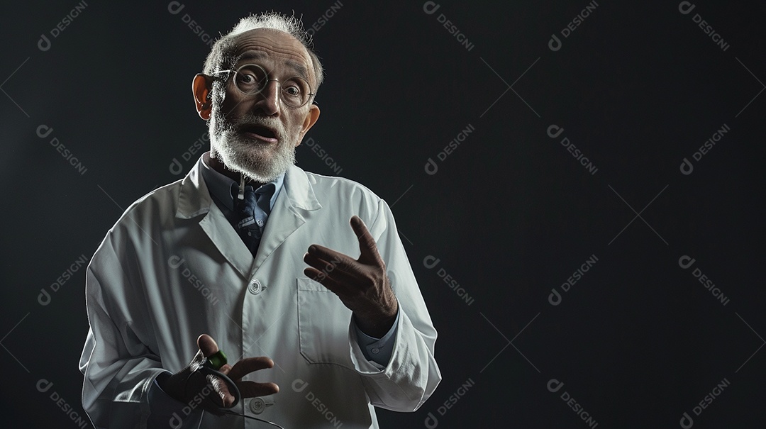 Homem cientista expressando afeto isolado em fundo de cor preta