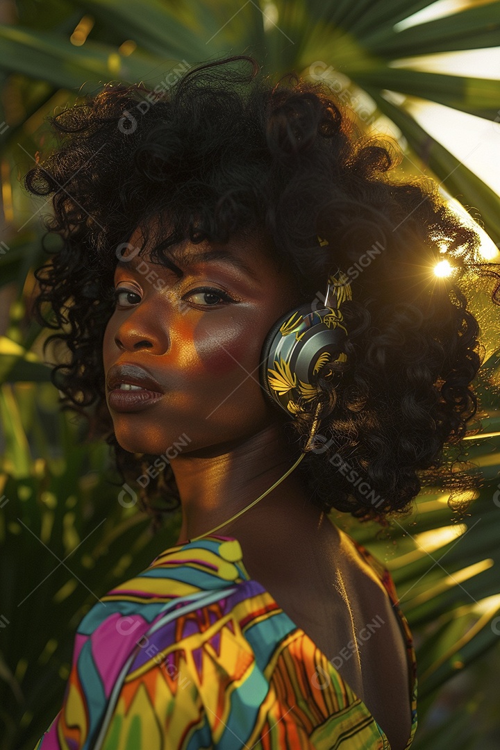 Uma mulher negra com fones de ouvido posando à noite com o pôr do sol