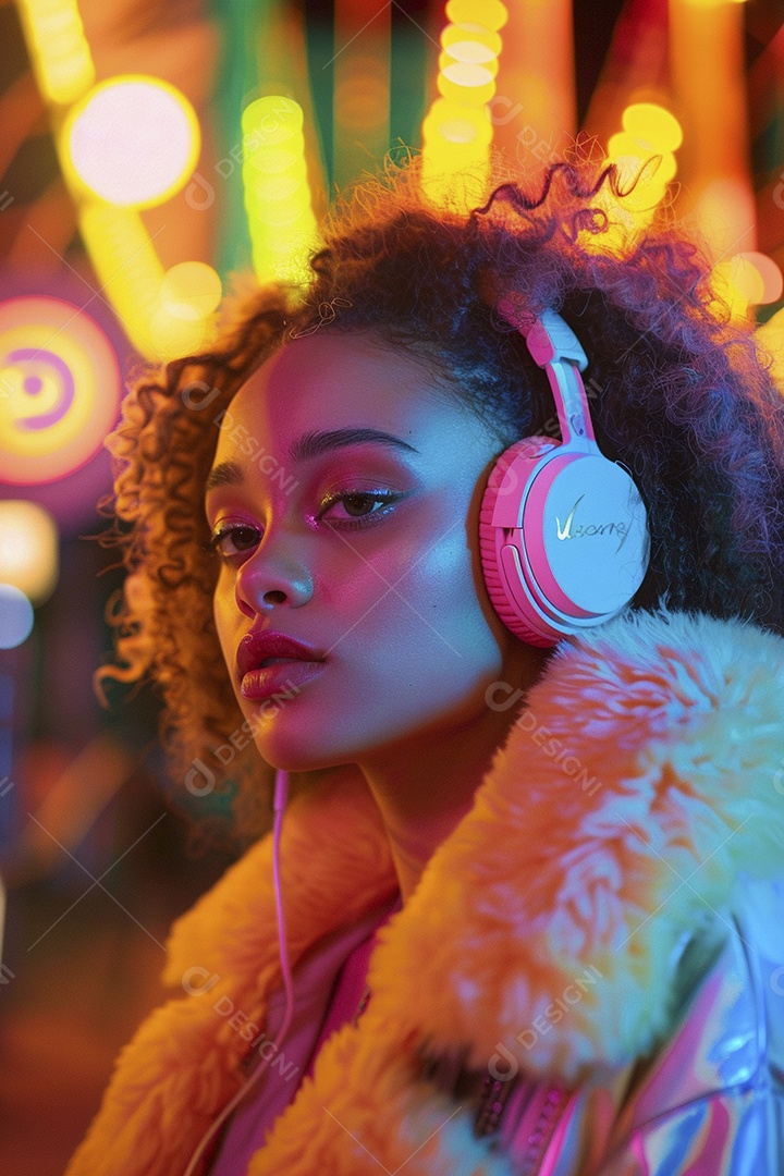 Uma mulher negra com fones de ouvido posando à noite com o pôr do sol