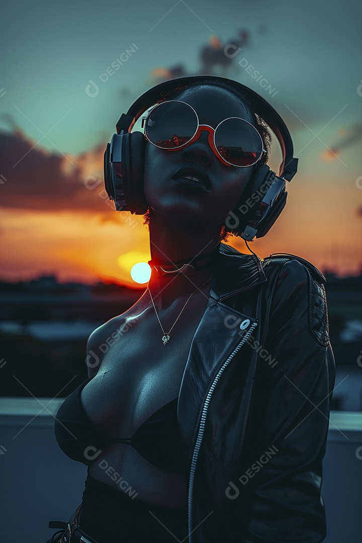 Uma mulher negra com fones de ouvido posando à noite com o pôr do sol