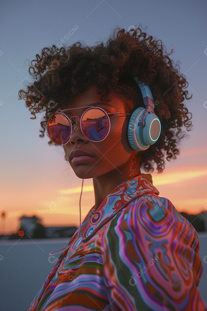 Uma mulher negra com fones de ouvido posando à noite com o pôr do sol