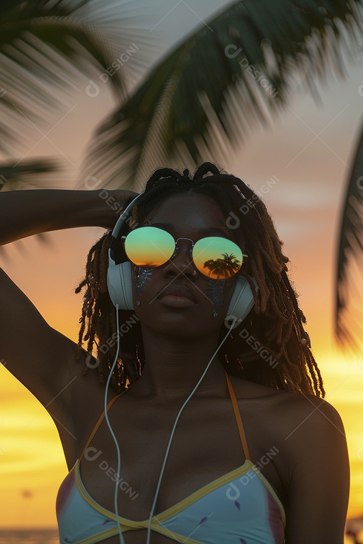 Uma mulher negra com fones de ouvido posando à noite com o pôr do sol
