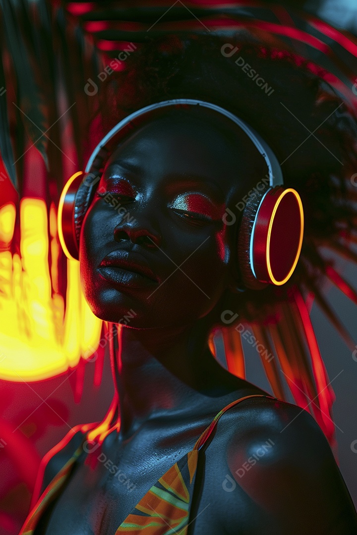 Uma mulher negra com fones de ouvido posando à noite com o pôr do sol