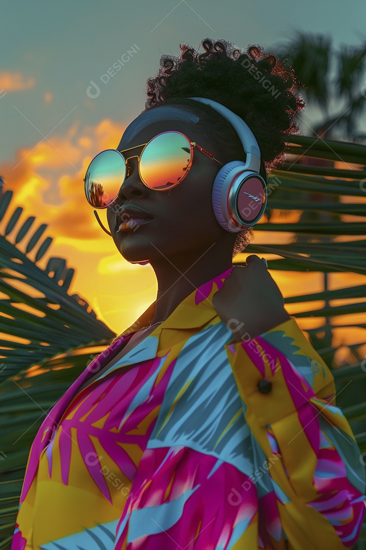 Uma mulher negra com fones de ouvido posando à noite com o pôr do sol
