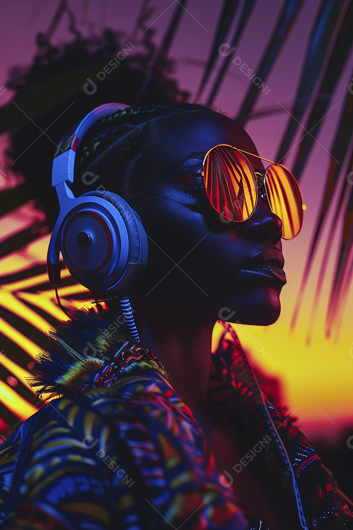Uma mulher negra com fones de ouvido posando à noite com o pôr do sol