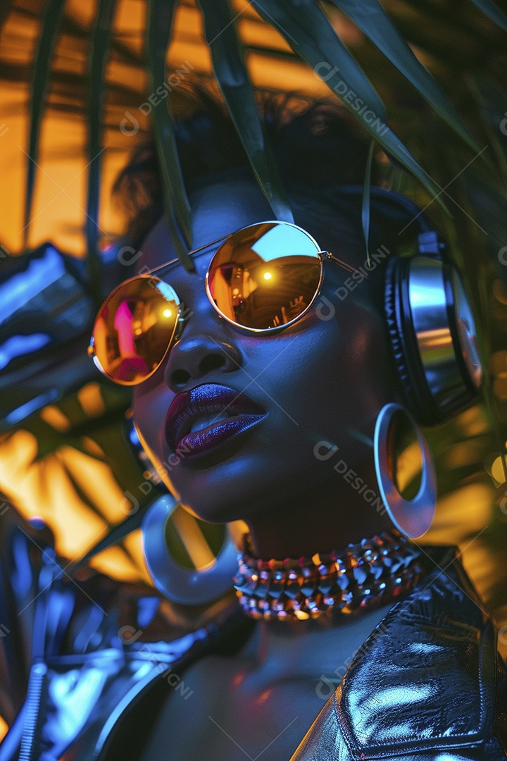 Uma mulher negra com fones de ouvido posando à noite com o pôr do sol