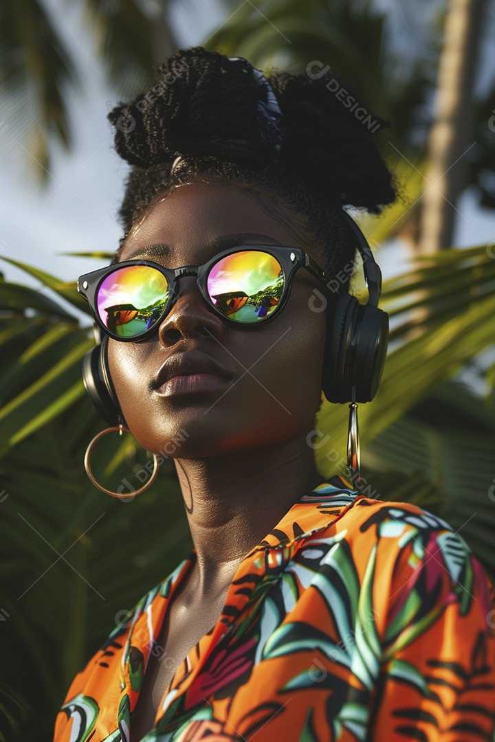 Uma mulher loira com fones de ouvido posando à noite com um pôr do sol