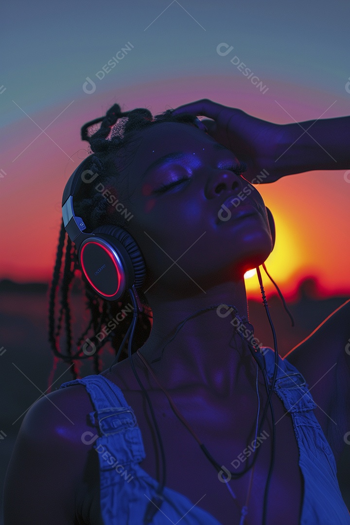 Uma mulher negra com fones de ouvido posando à noite com o pôr do sol