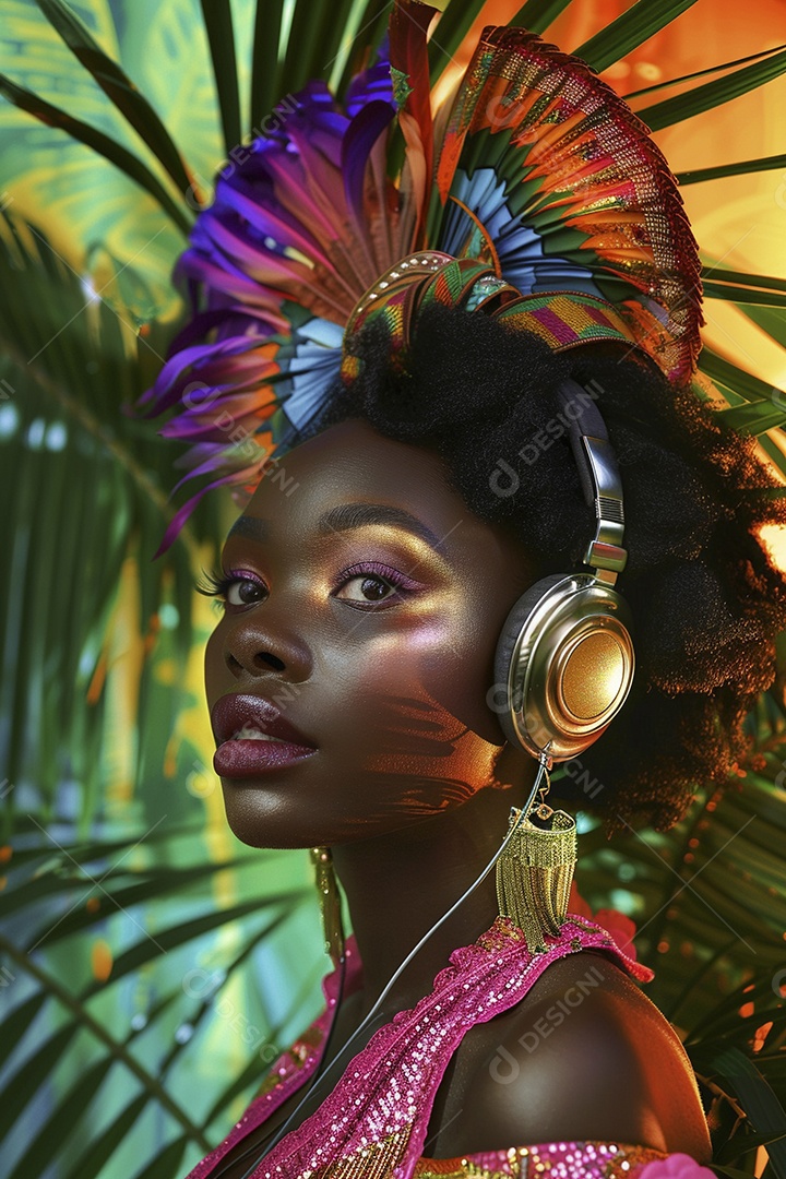 Uma mulher negra com fones de ouvido posando à noite com o pôr do sol