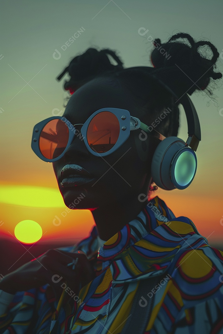 Uma mulher negra com fones de ouvido posando à noite com o pôr do sol