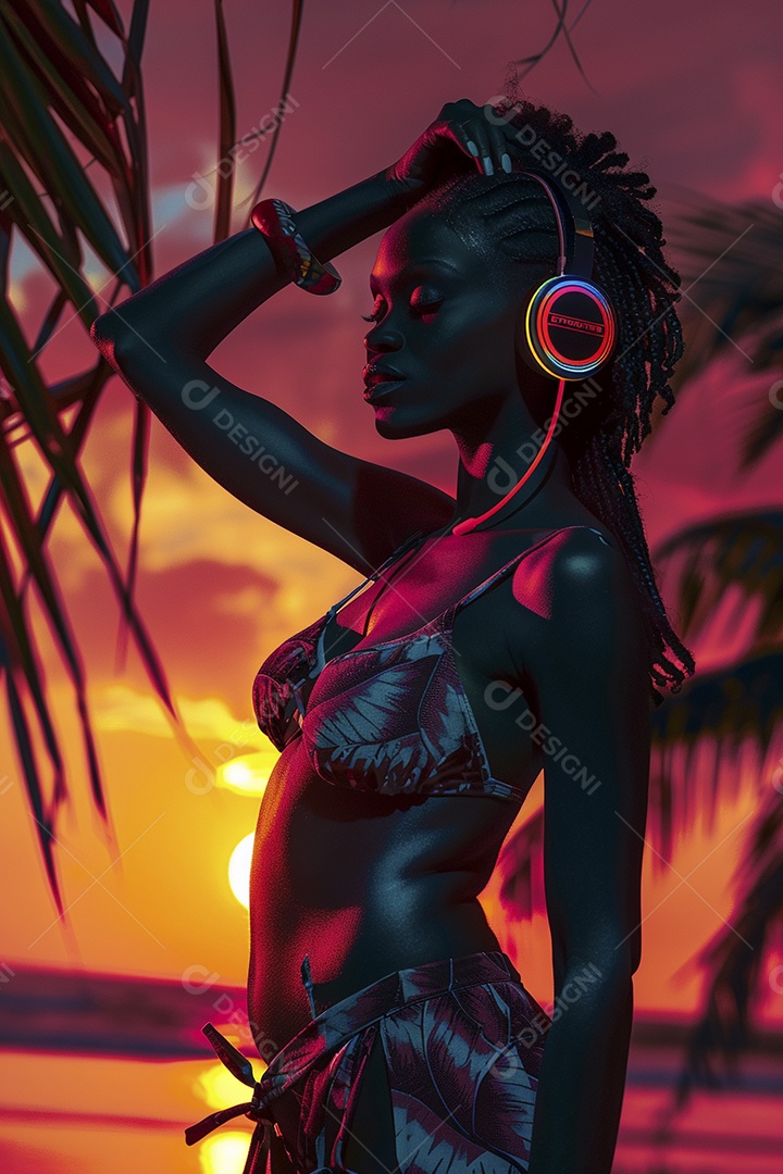 Uma mulher negra com fones de ouvido posando à noite com o pôr do sol