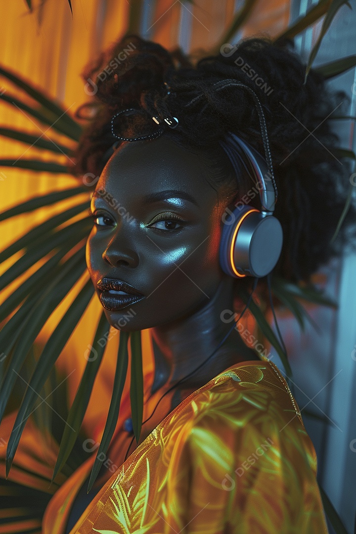 Uma mulher negra com fones de ouvido posando à noite com o pôr do sol