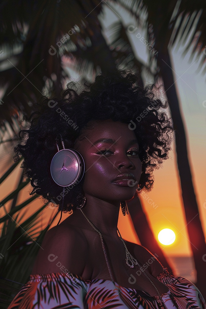 Uma mulher loira com fones de ouvido posando à noite com um pôr do sol