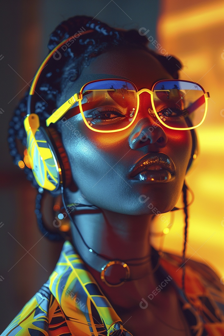 Uma mulher loira com fones de ouvido posando à noite com um pôr do sol