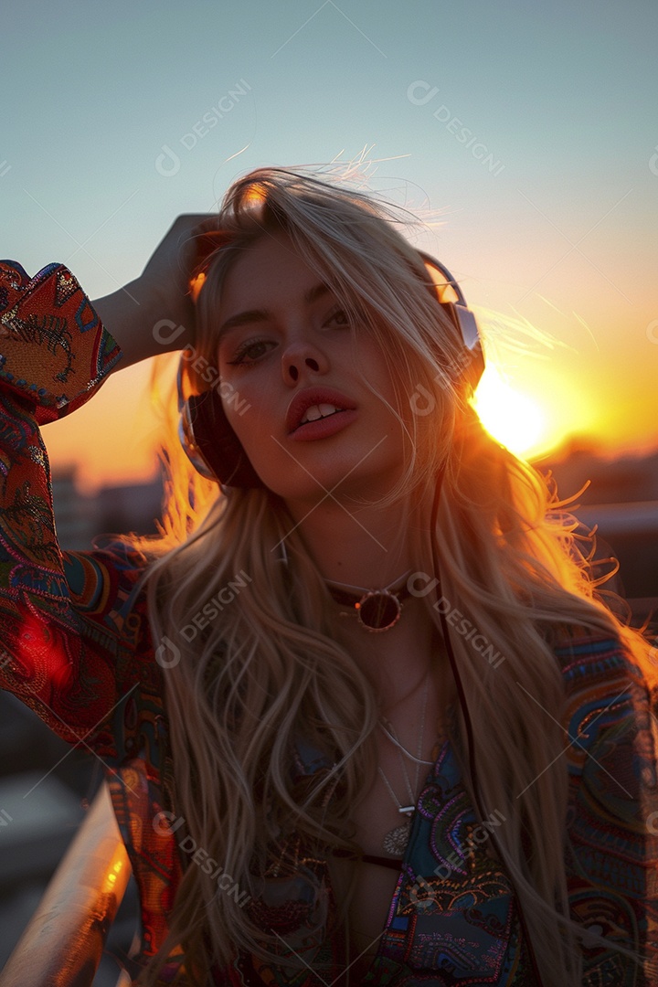 Uma mulher loira com fones de ouvido posando à noite com um pôr do sol