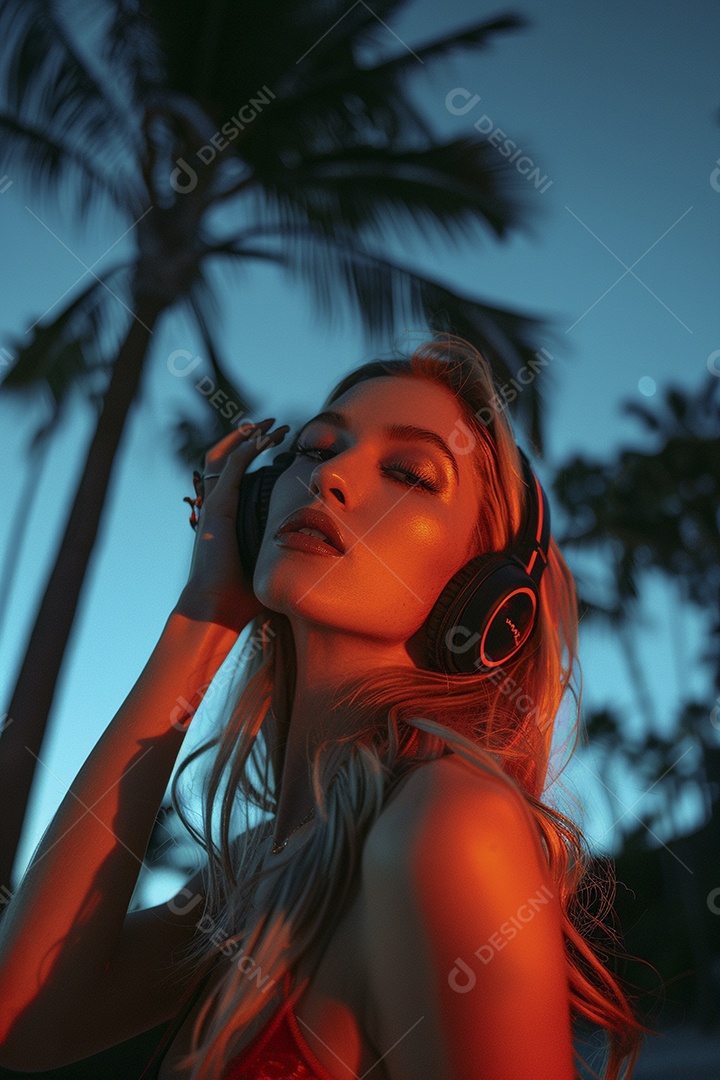 Uma mulher loira com fones de ouvido posando à noite com um pôr do sol