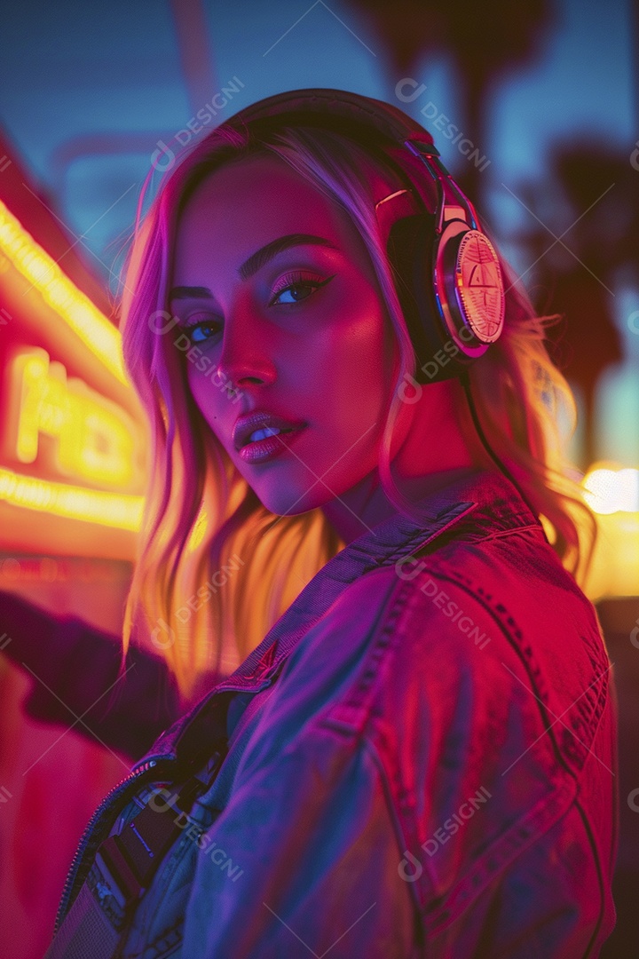 Uma mulher loira com fones de ouvido posando à noite com um pôr do sol