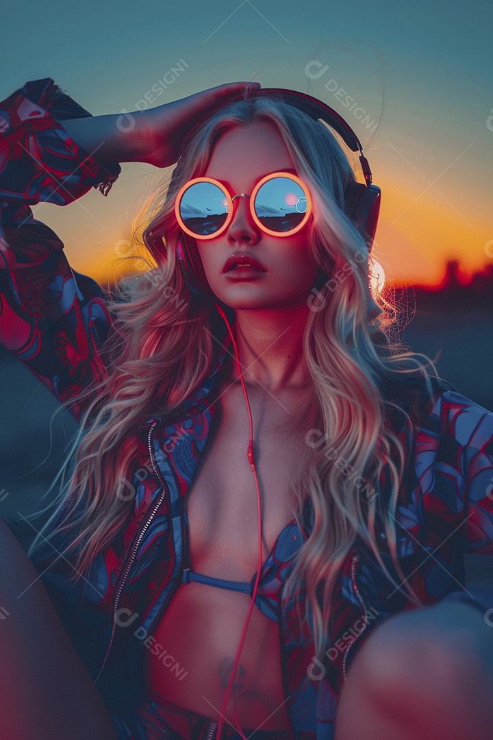 Uma mulher loira com fones de ouvido posando à noite com um pôr do sol