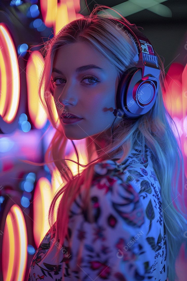 Uma mulher loira com fones de ouvido posando à noite com um pôr do sol