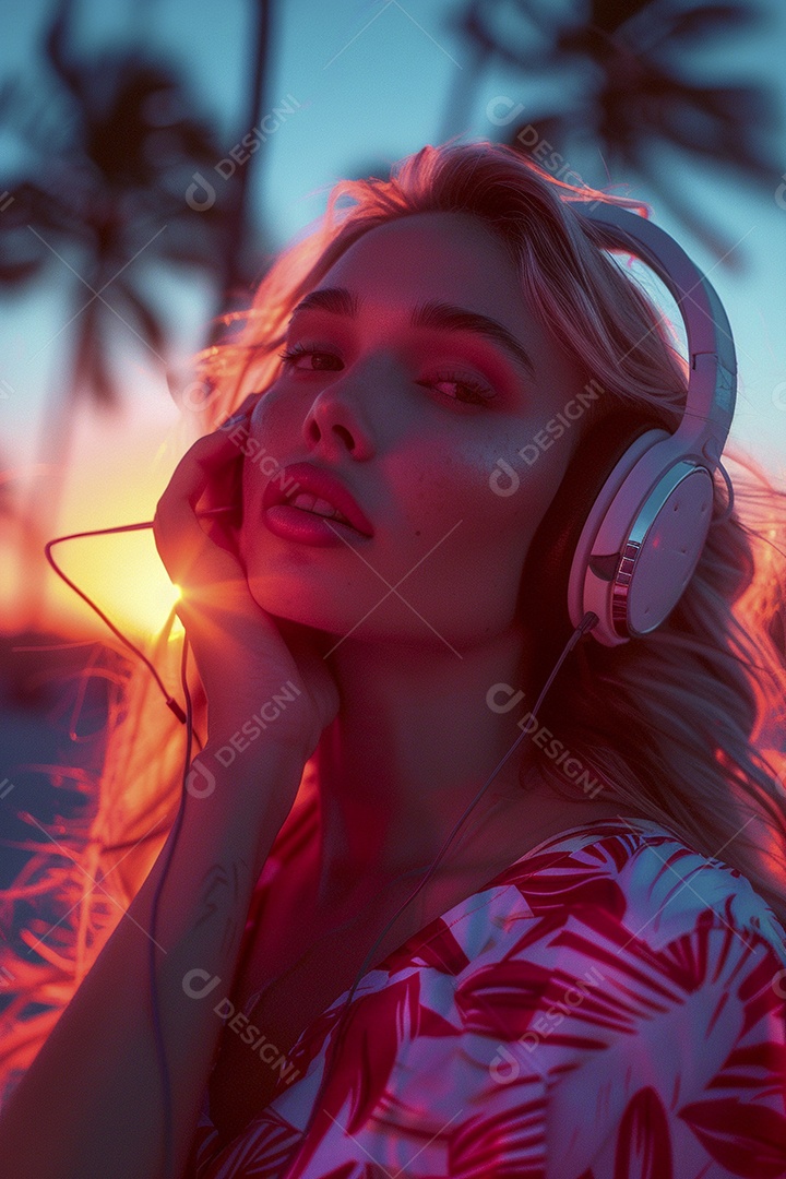 Uma mulher loira com fones de ouvido posando à noite com um pôr do sol