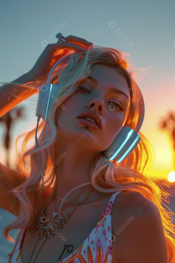 Uma mulher loira com fones de ouvido posando à noite com um pôr do sol
