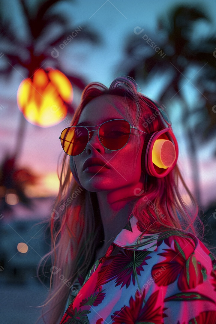 Uma mulher loira com fones de ouvido posando à noite com um pôr do sol