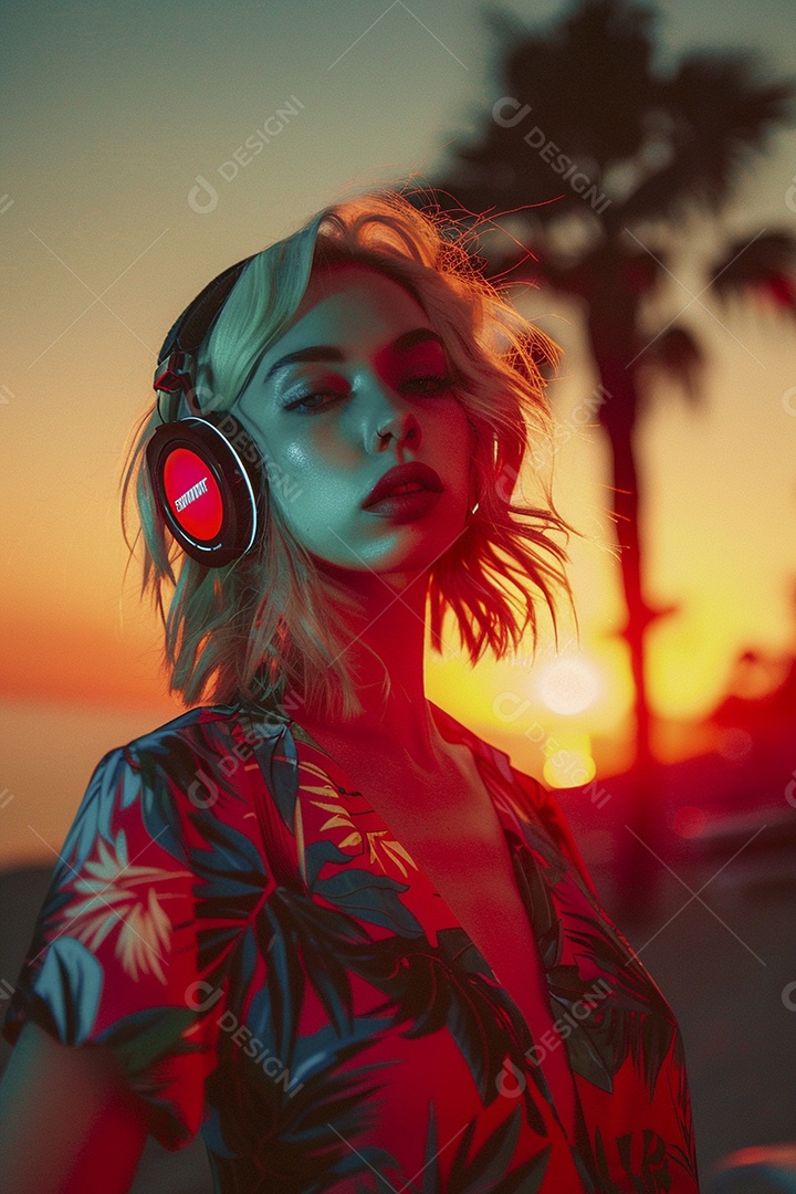Uma mulher loira com fones de ouvido posando à noite com um pôr do sol