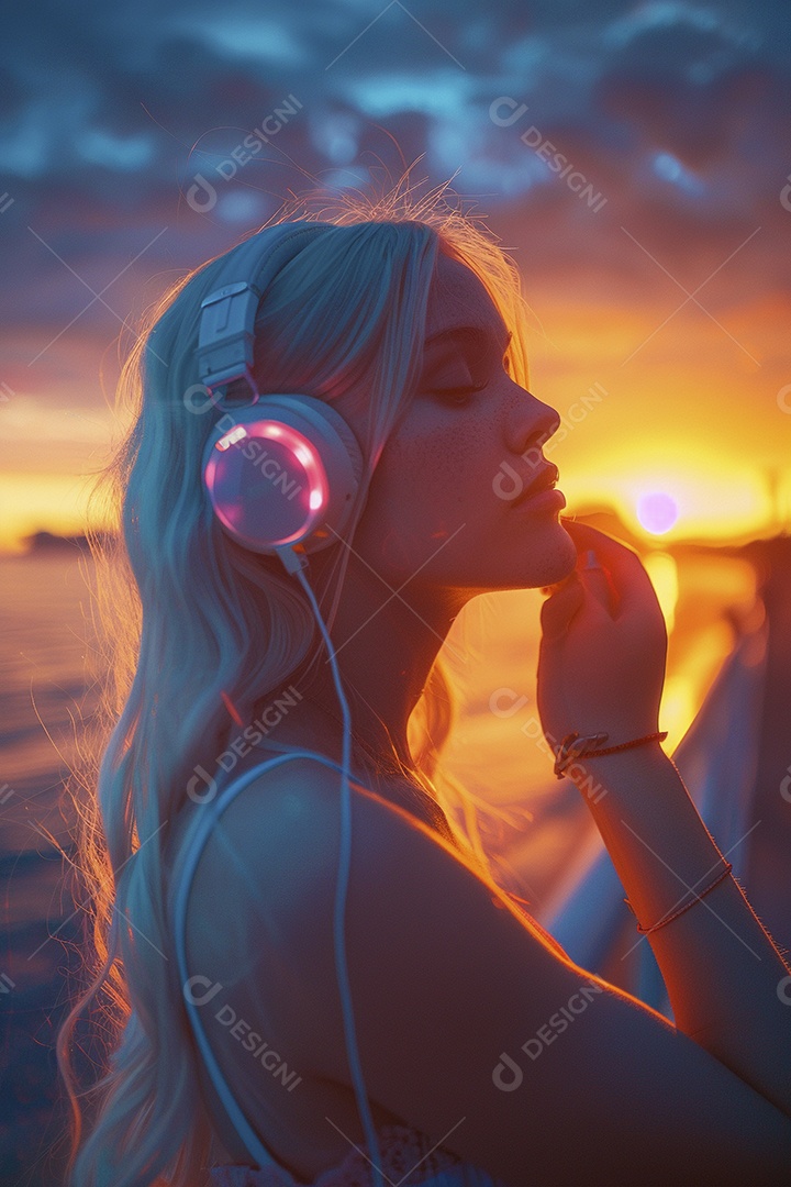 Uma mulher loira com fones de ouvido posando à noite com um pôr do sol
