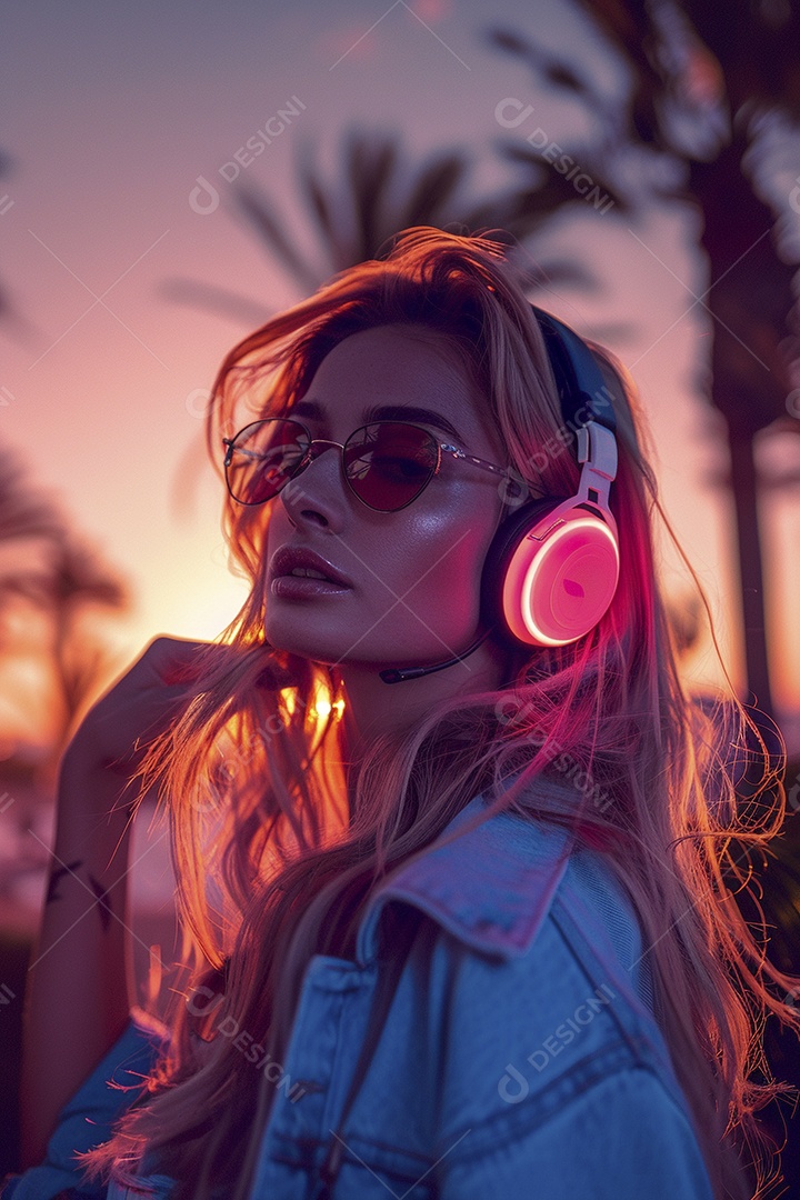 Uma mulher loira com fones de ouvido posando à noite com um pôr do sol