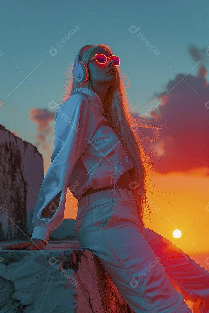 Uma mulher loira com fones de ouvido posando à noite com um pôr do sol