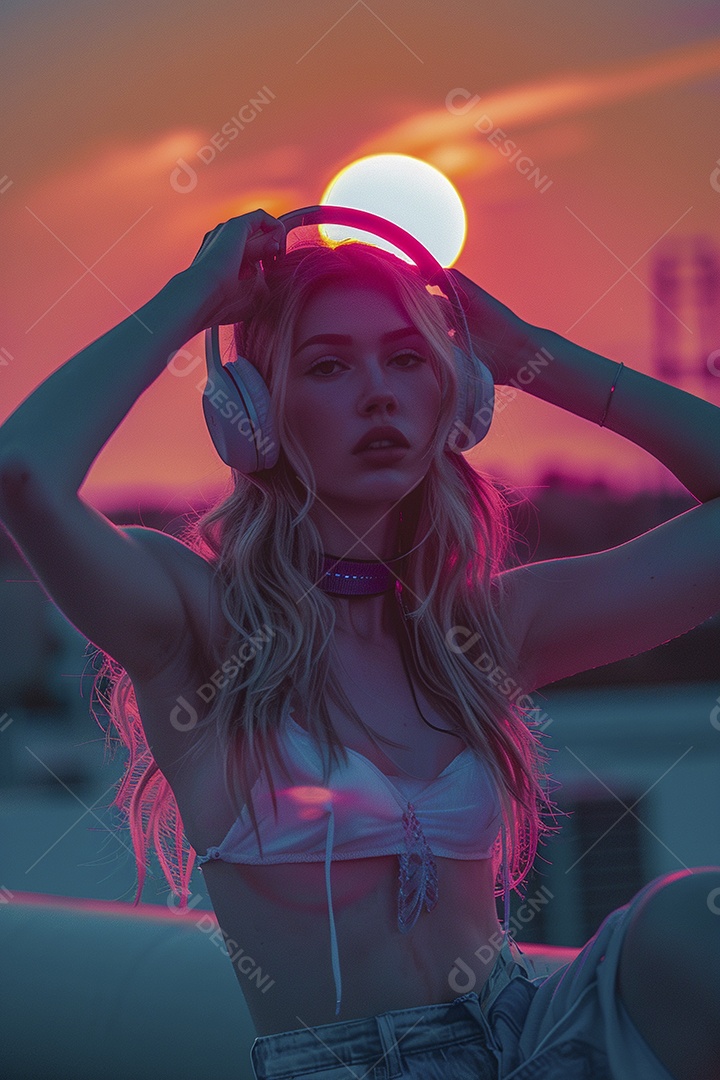Uma mulher loira com fones de ouvido posando à noite com um pôr do sol