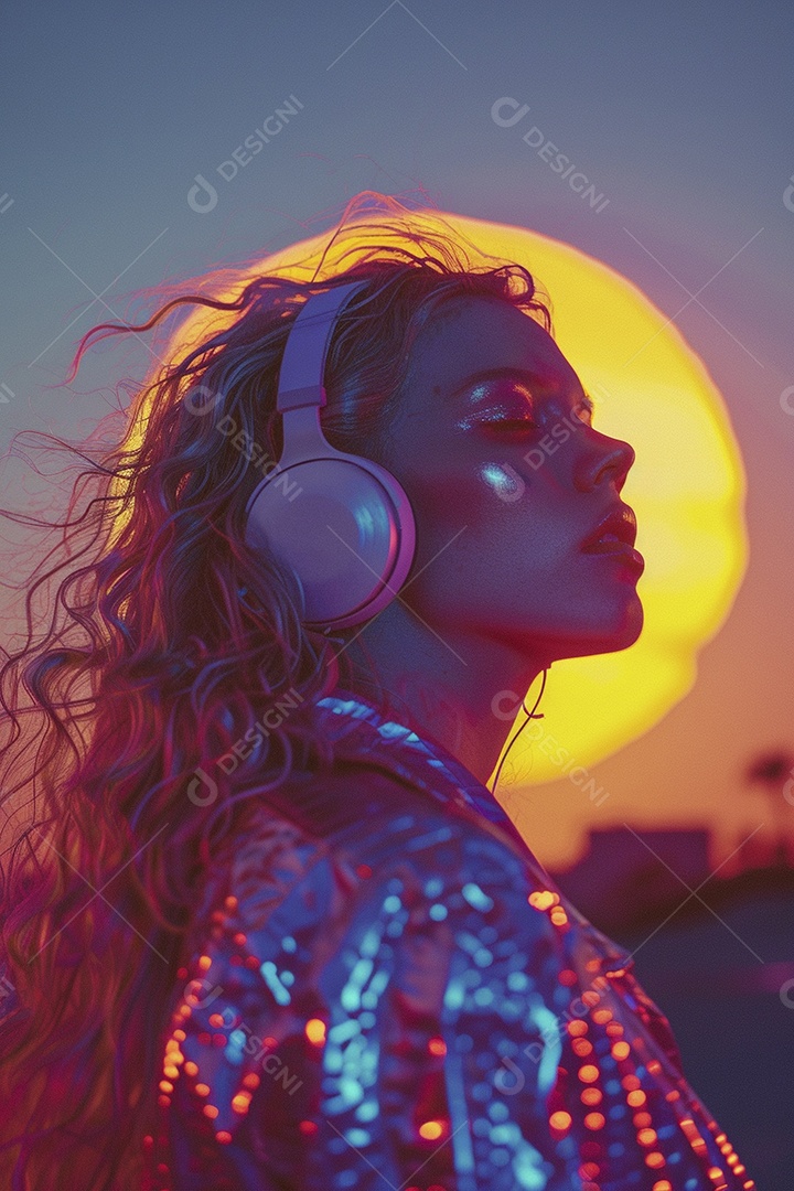 Uma mulher loira com fones de ouvido posando à noite com um pôr do sol