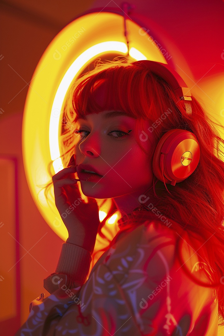 Mulher ruiva com fones de ouvido posando à noite com um pôr do sol