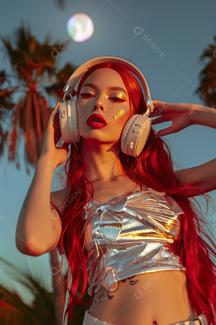 Mulher ruiva com fones de ouvido posando à noite com um pôr do sol