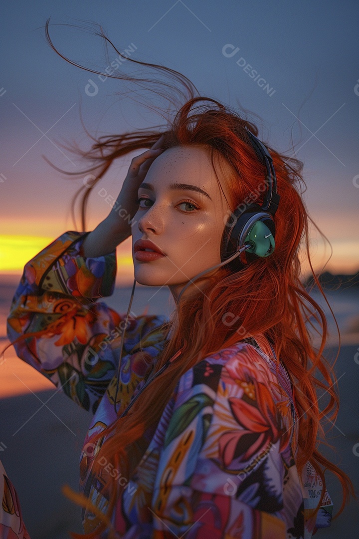 Mulher ruiva com fones de ouvido posando à noite com um pôr do sol