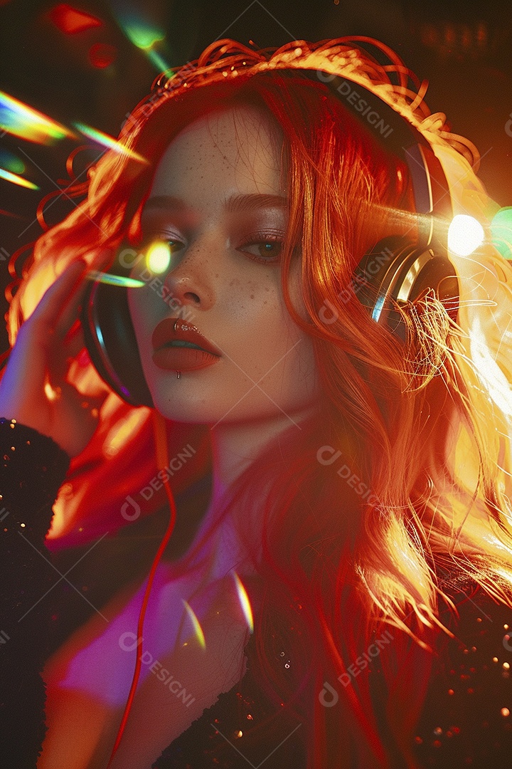 Mulher ruiva com fones de ouvido posando à noite com um pôr do sol