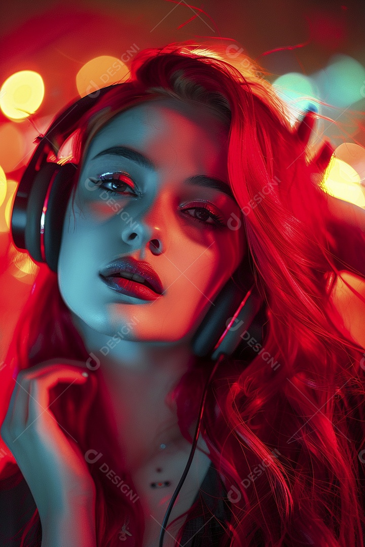 Mulher ruiva com fones de ouvido posando à noite com um pôr do sol