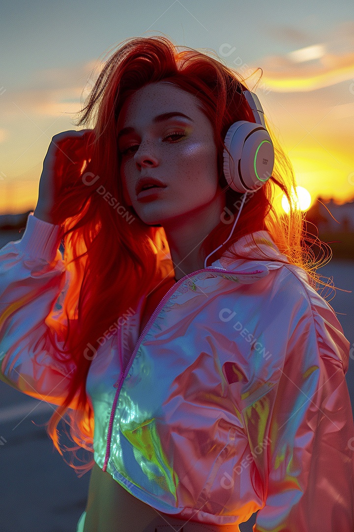 Mulher ruiva com fones de ouvido posando à noite com um pôr do sol