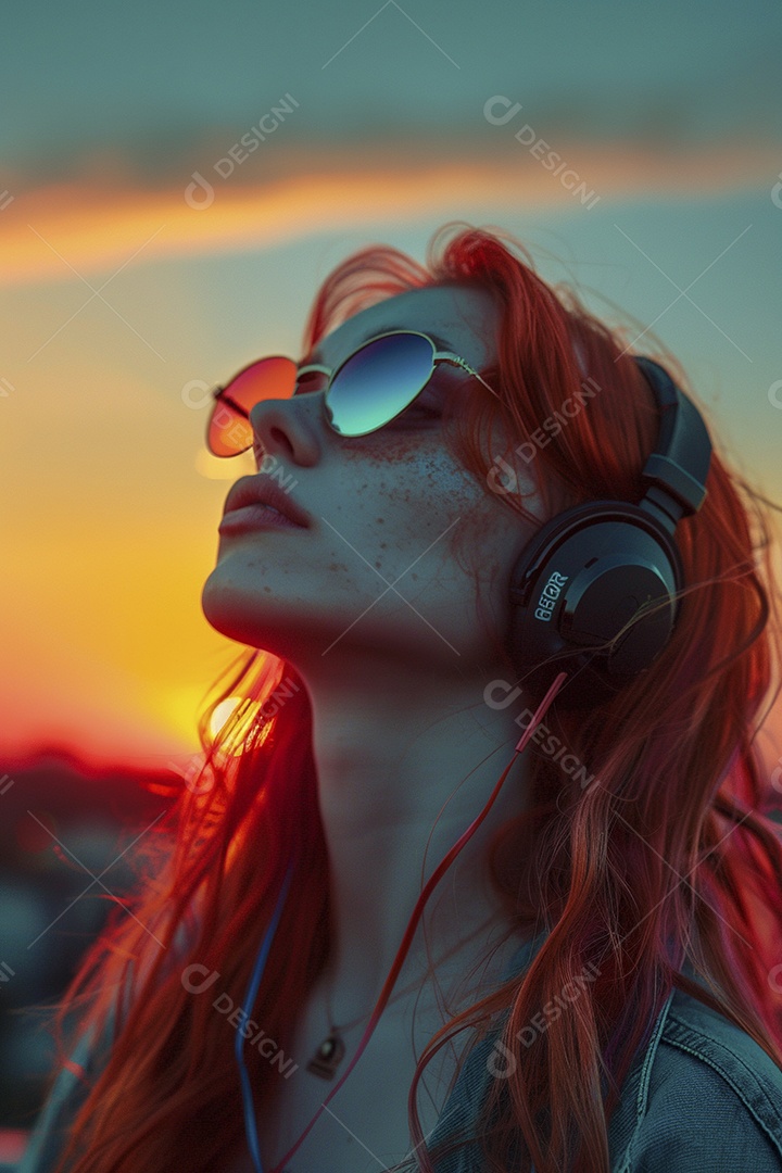 Mulher ruiva com fones de ouvido posando à noite com um pôr do sol