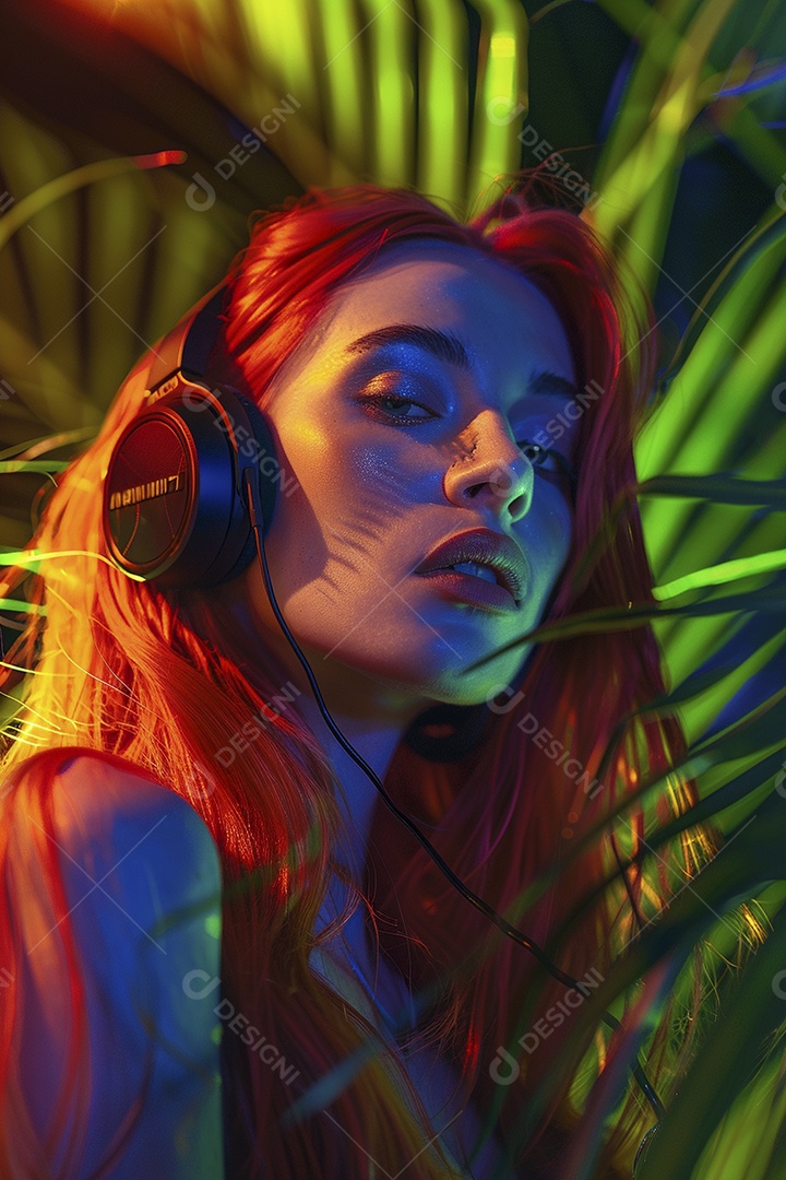 Mulher ruiva com fones de ouvido posando à noite com um pôr do sol